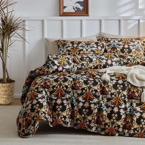 mixinni Vintage Floral Comforter Set King, All Seasons Bohemian Bedding Set, 3 Pieces Farmhouse Boho Shabby Chic Vibrant Colors Flowers Plants Comforter Set Perfect for Women and Men-King Size