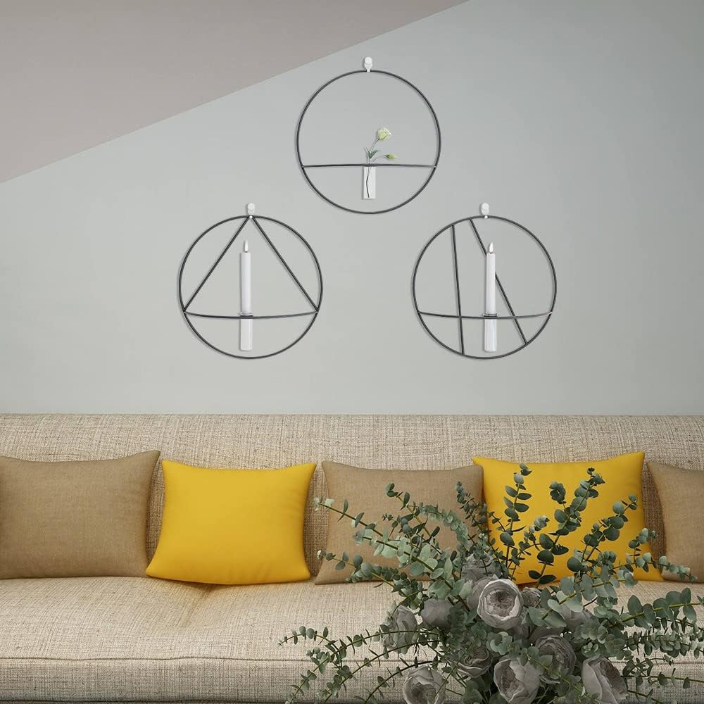 Metal Wall Candle Sconce for Pillar Candle Holder Decor Set of 3,Wall-Mounted Hydroponic Planters with Glass Wall Art