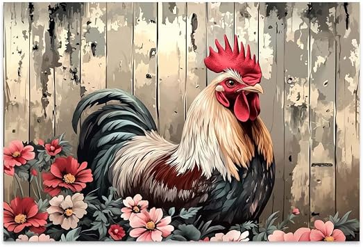 Bvkilrvc Unframed Canvas Prints Wall Art, Rooster Red Flowers Modern Wall Art Painting Gift for Office Living Room Bedroom Home Decoration Painting Unframed 16x24inch