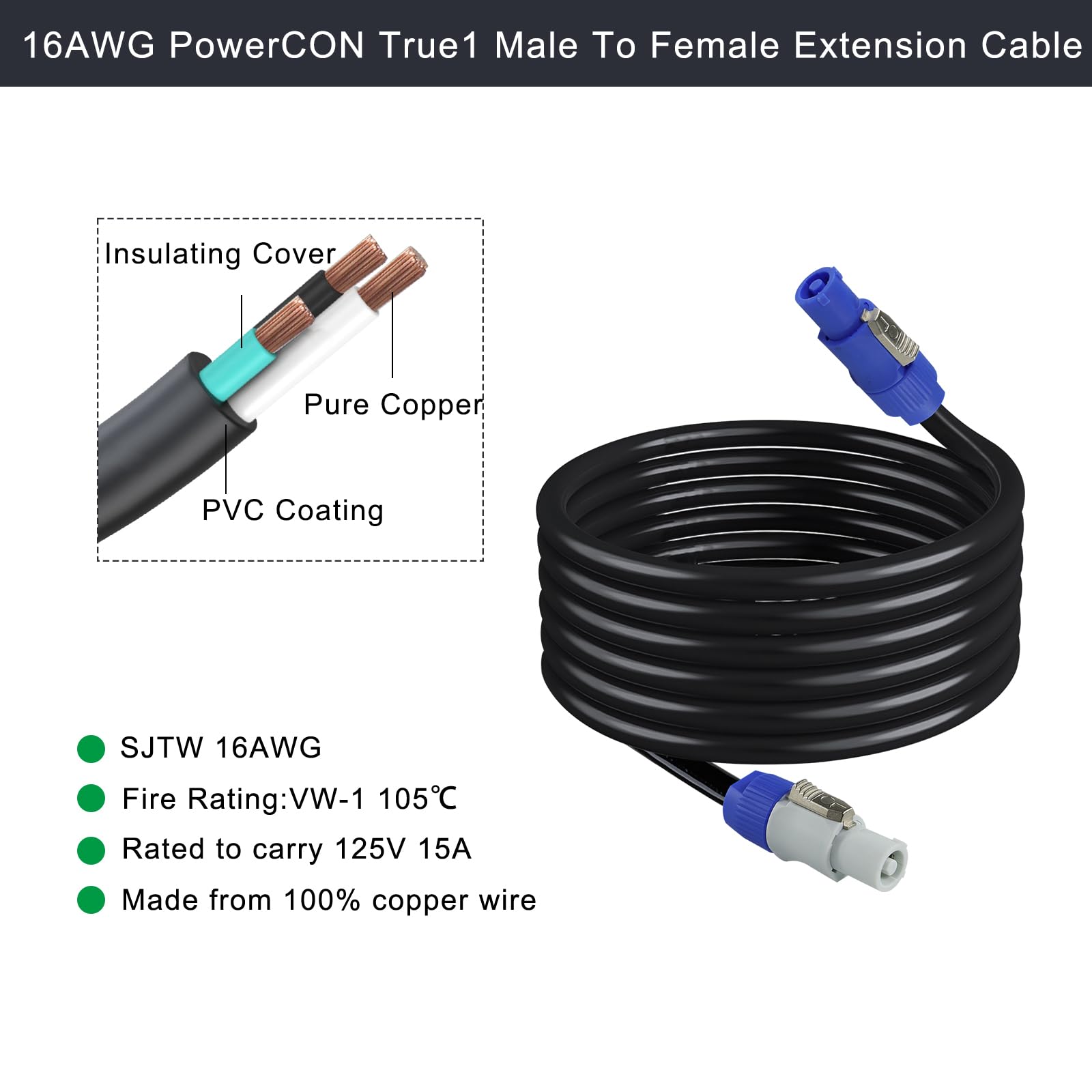 Kabel zasilający PowerCon do PowerCon – NAC3FCA do NAC3FCB 20A AC PowerCon złącze 16AWG, 3-pinowy kabel przedłużający do oświetlenia scenicznego/ekranu LED