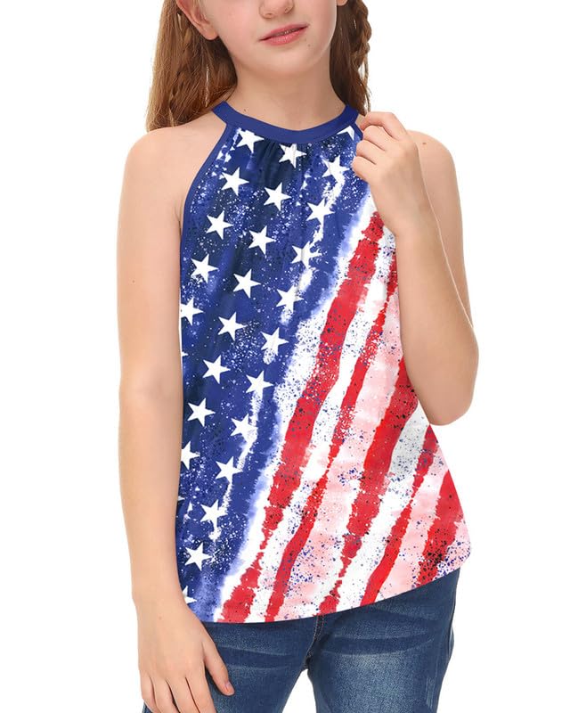 Image of BesserBay Girls Summer Back Button Halter Neck Tank Top Cold Shoulder Casual Blouse Pleated Sleeveless Shirts 5-14 Years