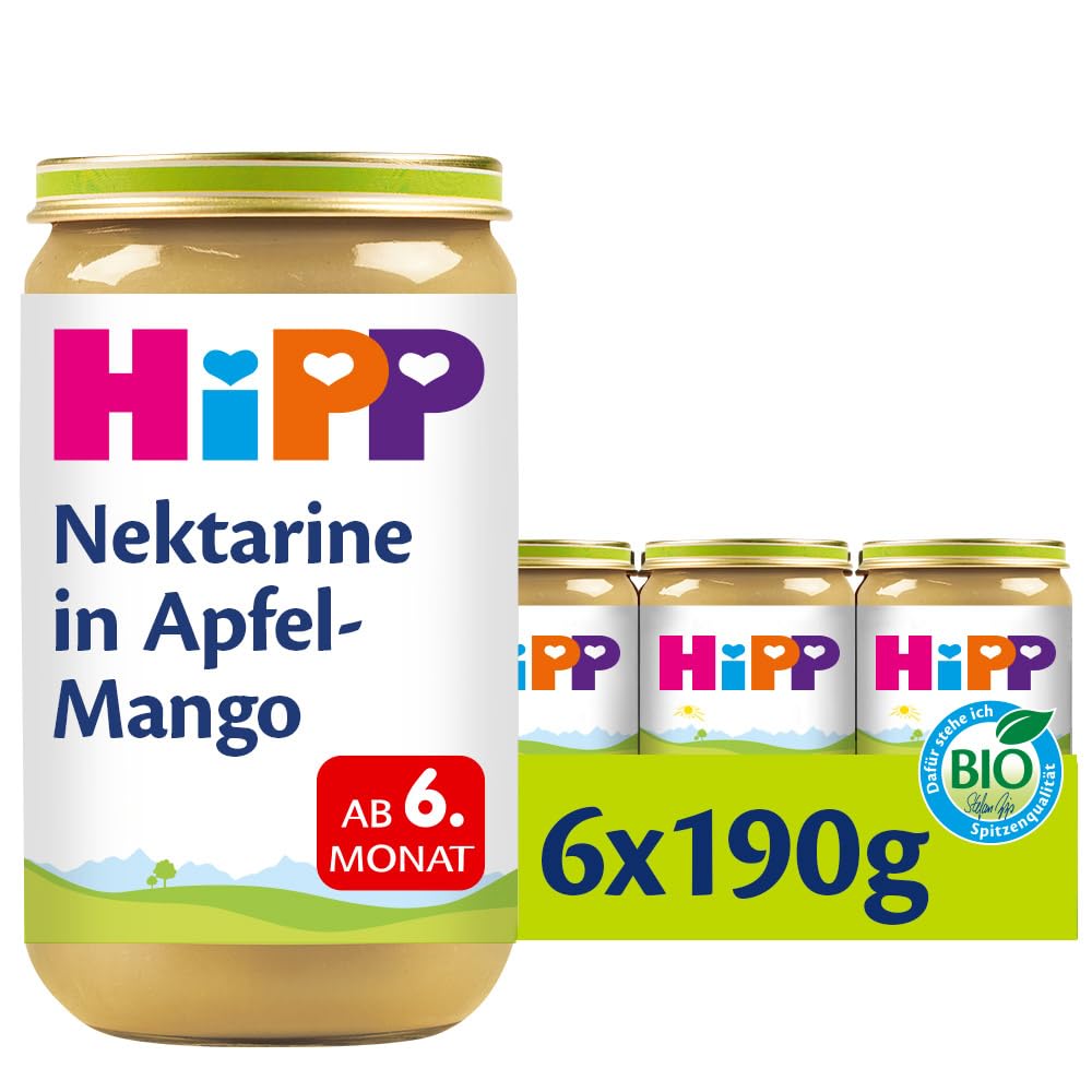 HiPP Bio Nektarine in Apfel-Mango (6 x 190g), Babygläschen ab 6. Monat, 100% Früchte, ohne Zuckerzusatz, ideal als Nachspeise oder Brei-Zutat