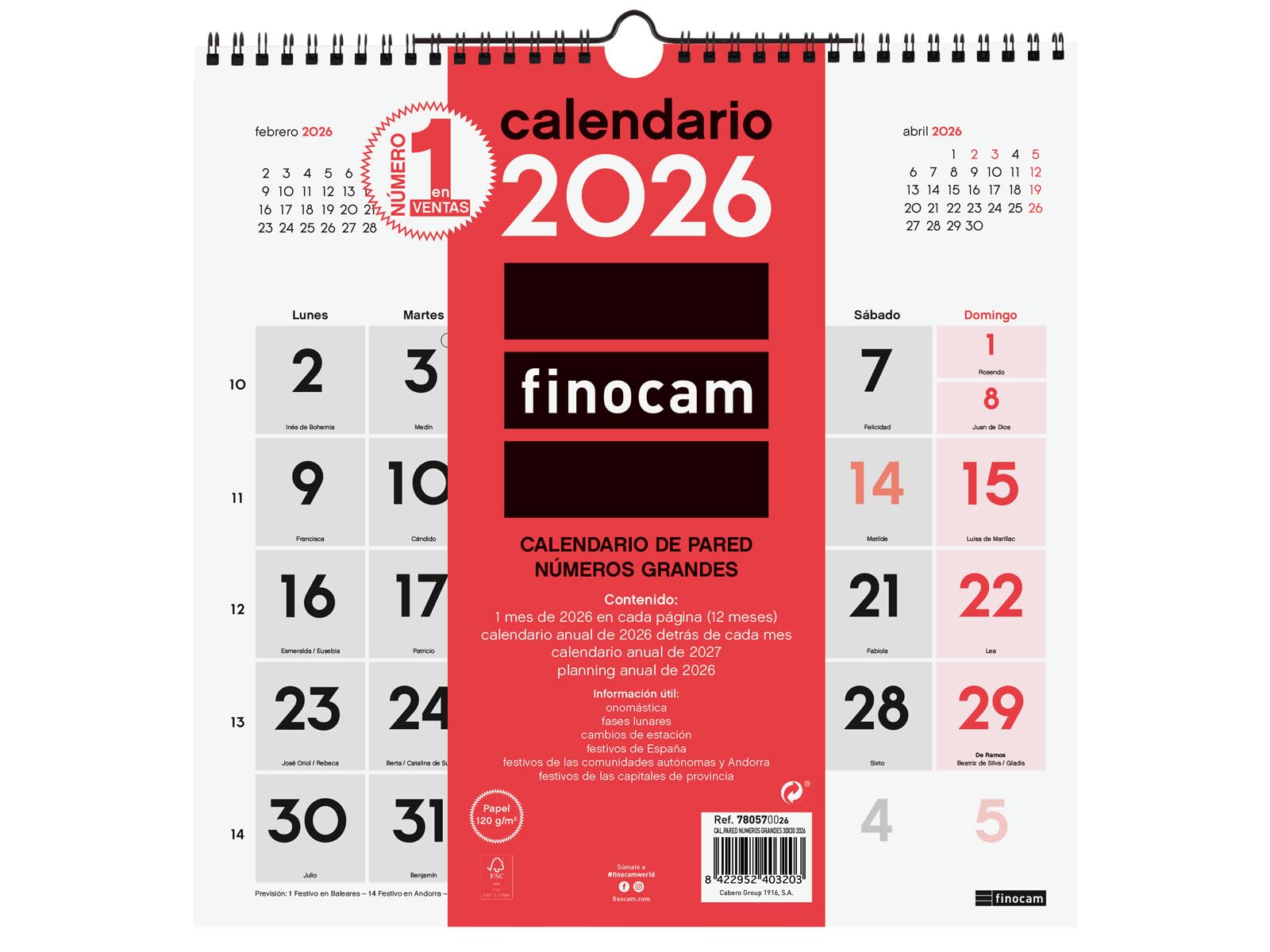 Finocam - Large Numbers Wall Calendar 2026 Month View January - December 2026 (12 Months) | Calendar 2026 | Neutral Monthly Planner - Spanish