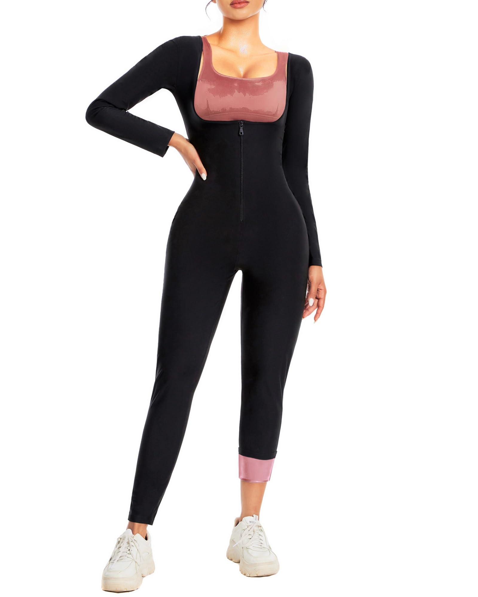 DEHORU Sauna Suit for Women Long Sleeve Sweat Suit Slimming Full Body Shaper Workout Top Waist Trainer(BR XL)