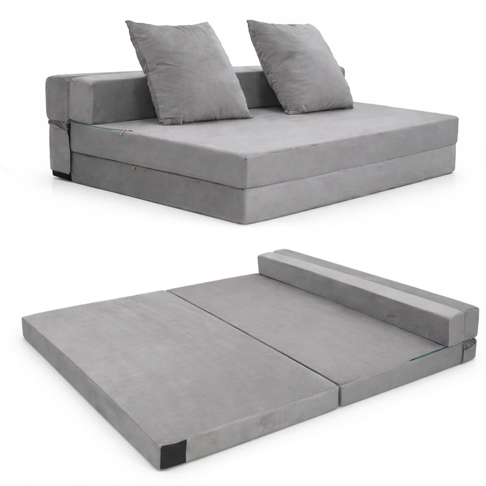SUNNYNEST 4-in-1 Folding Sofa Bed Double, Fold Out Sofa Couch with Velvet Cover & 2 Cushions, Floor Mattress Lounger for Living Room, Foldable Sofa Bed, Removable Cover (135 * 190CM) (Grey)