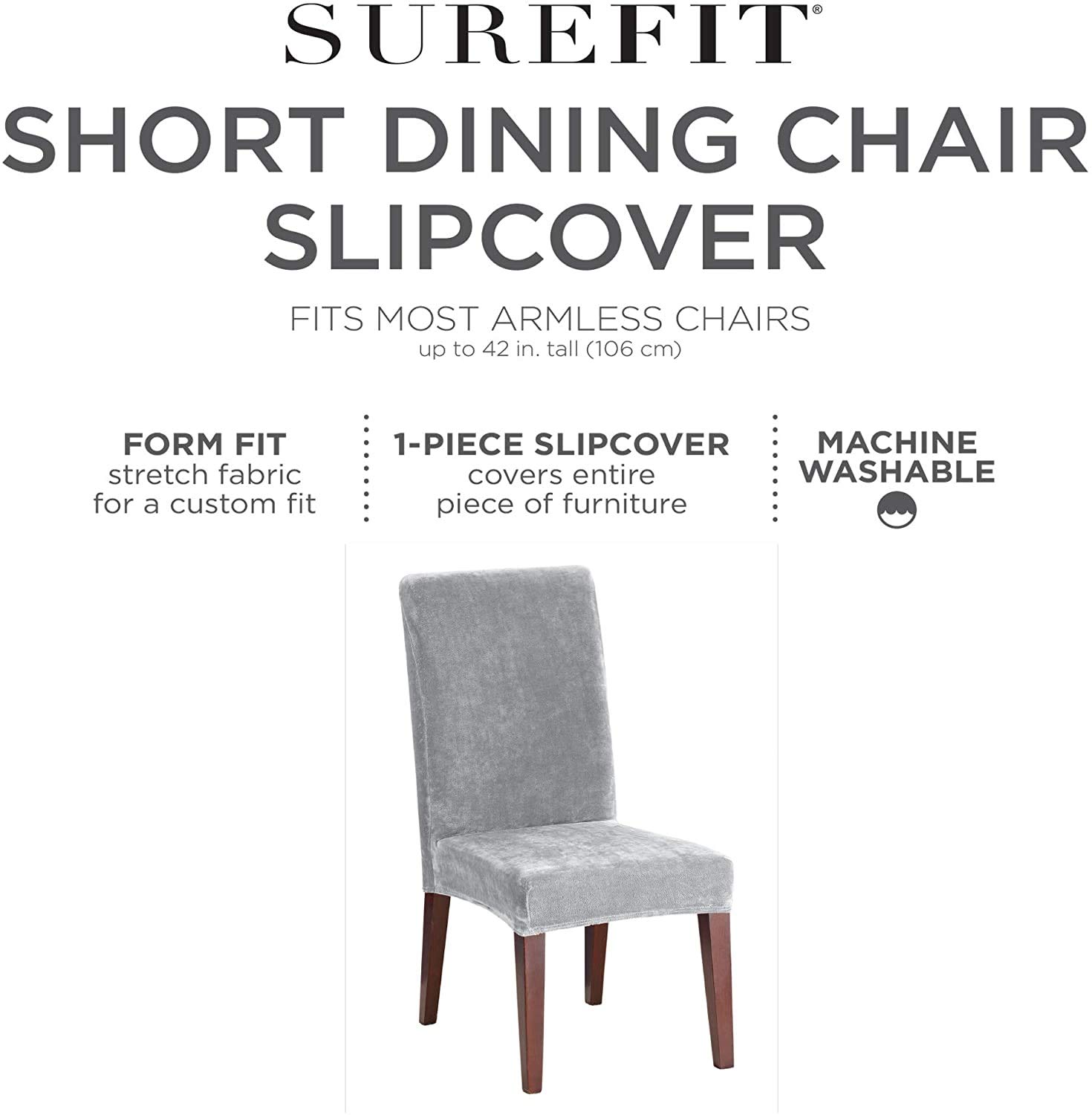 2 pieces, SureFit Short Dining Chair Slipcover-Stretch Pique-Up to 42 Inches Tall-Removable Machine Wash, Flannel Gray