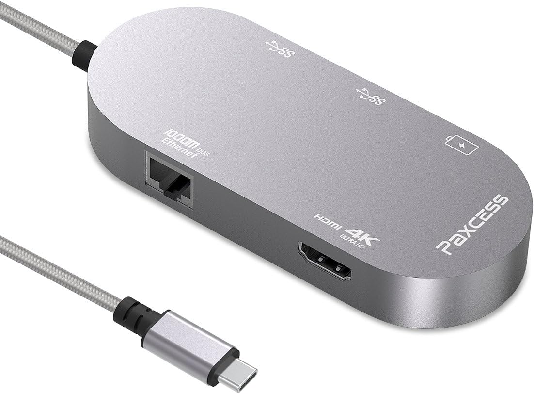 Thunderbolt 3 USB-C HUB Adapter, Multi-port Dock Dongle with 4K HDMI, Type-C Pass Through Charging, Gigabit Ethernet, 2 USB 3.0 Ports For MacBook Pro 2016/2017, Chromebook, XPS 13, Galaxy S8 (GRAY)