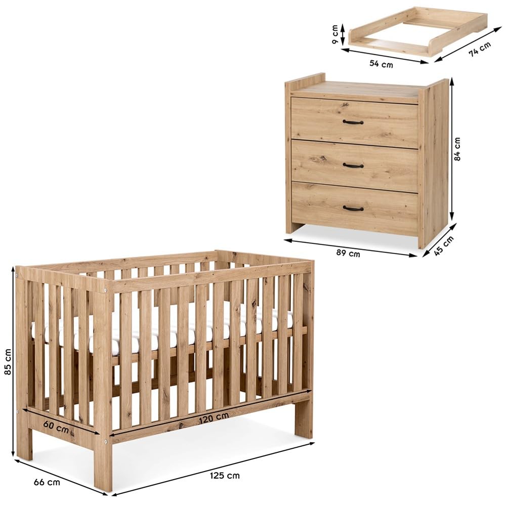 Mon Mobilier Design Amelia II Ensemble bébé Commode à Langer et lit évolutif 120x60 Chêne avec tiroir