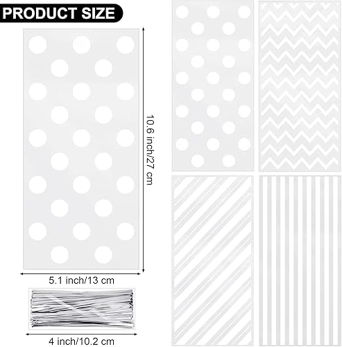 Miniatura 2 de Aodaer 100 bolsas de celofán blanco, bolsas de regalo de plástico para dulces, bolsas de celofán con lazos torcidos, rayas, lunares, estampado de