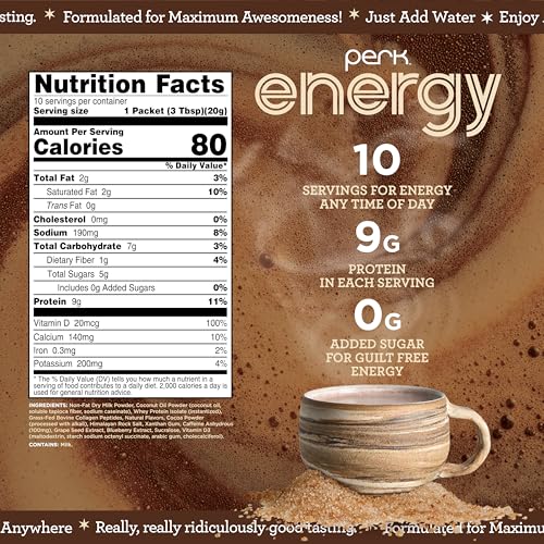 Image of Perk Energy Drink Mix (Brown Sugar Latte) 10 Stick Packs, Gluten-Free | Caffeinated Healthy Coffee Alternative with Protein, 100mg of Caffeine, Peanut-Free