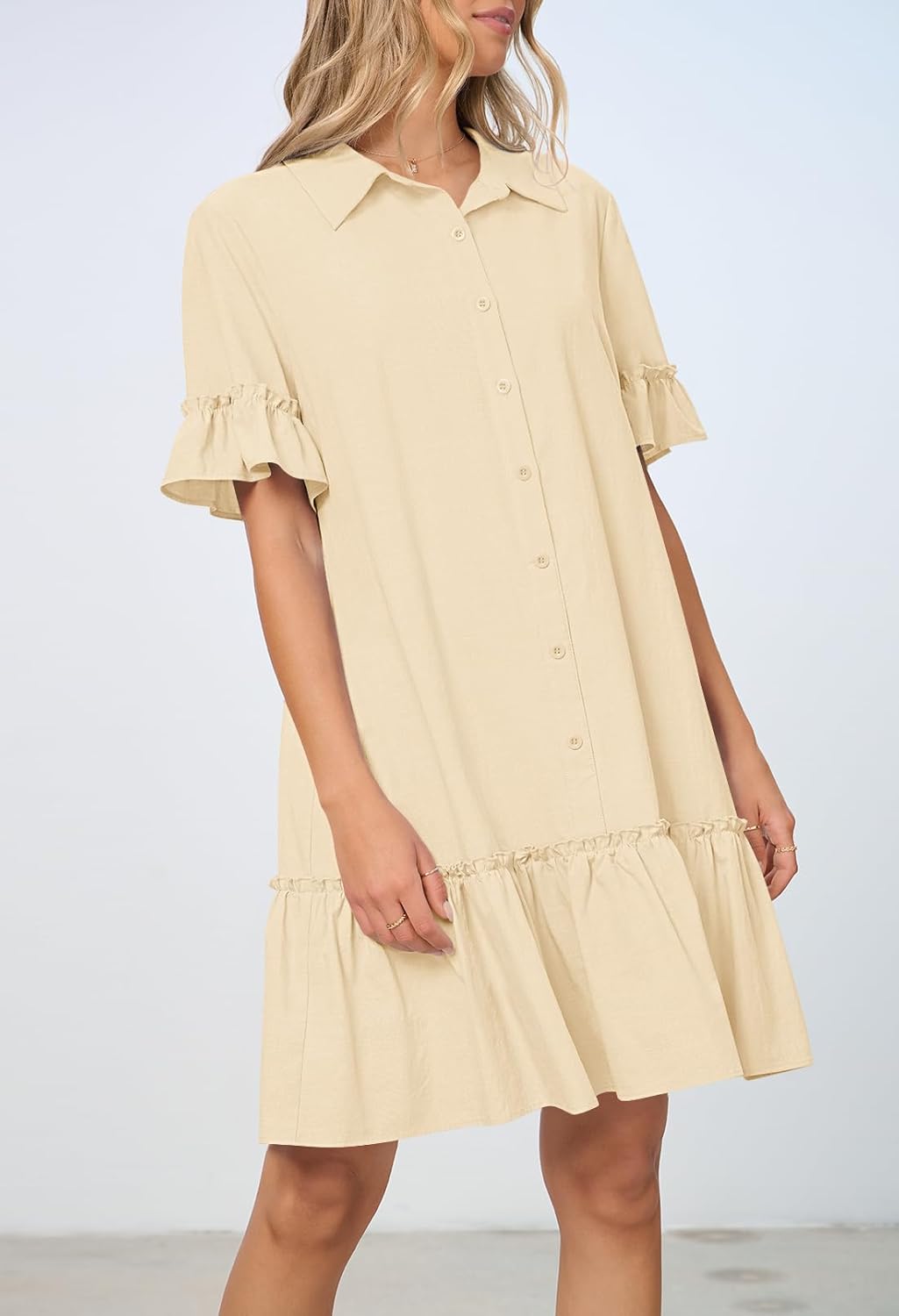 MEROKEETY Women's 2026 Summer Casual Shirt Dress Button Down Ruffle Sleeve Shift Mini Dresses with Pockets - Image 7