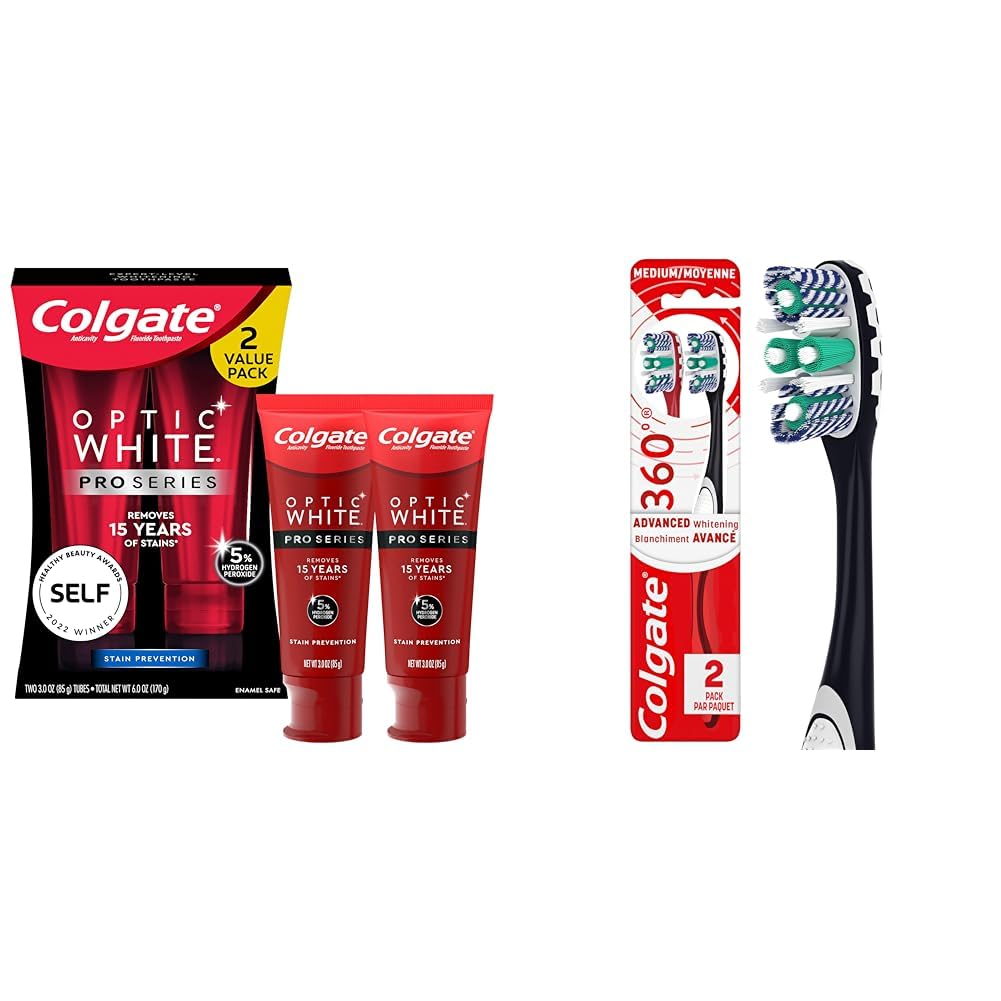 ColgateOptic White Pro Series Whitening Toothpaste with 5% Hydrogen Peroxide & 360 Optic White Advanced Toothbrush, Medium Toothbrush for Adults,2 Count (Pack of 1)