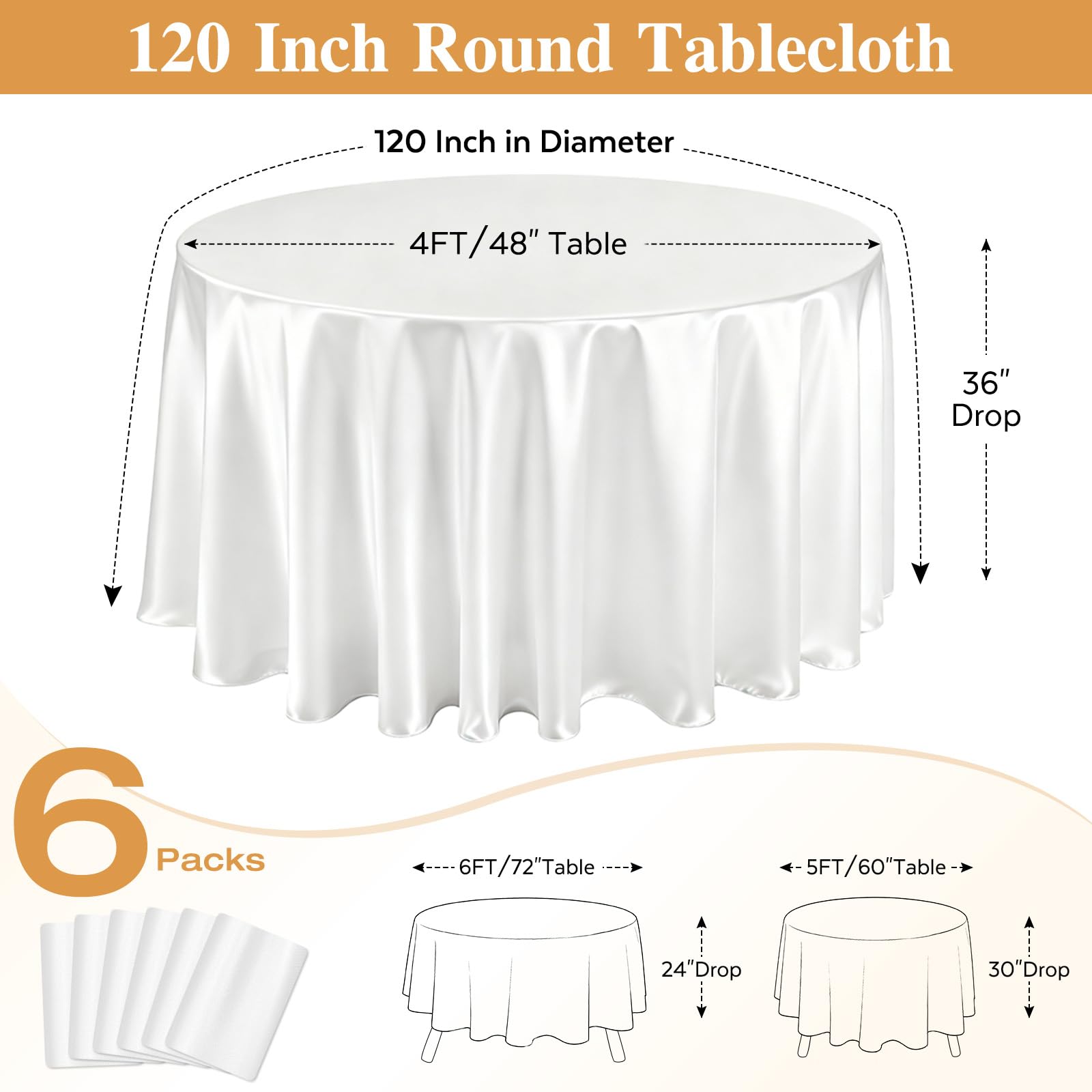 Fave Paquete de 6 Manteles Redondos de Satén Blanco 300 cm, Lavable | Manteles Elegantes de Satén Duradero para Boda, Banquete, Fiesta y Eventos Formales