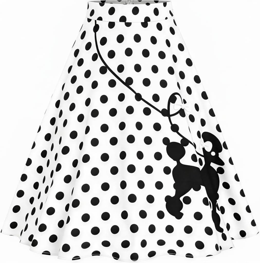 ZEZCLO Women's 50s Vintage Poodle Skirt Dog Printed High Waist Loose Fold Pleated A-line Zipper Skirts