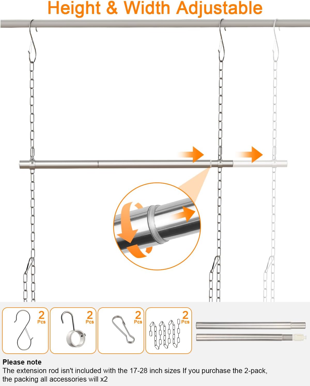 Hanging Closet Rod, Adjustable Width and Height Closet Rods Extender, 17-28inch Heavy-Duty Stainless Steel Bar, Space-Saving Closet Rod Hanging Clothes, 1Pack(Silver) - Image 4
