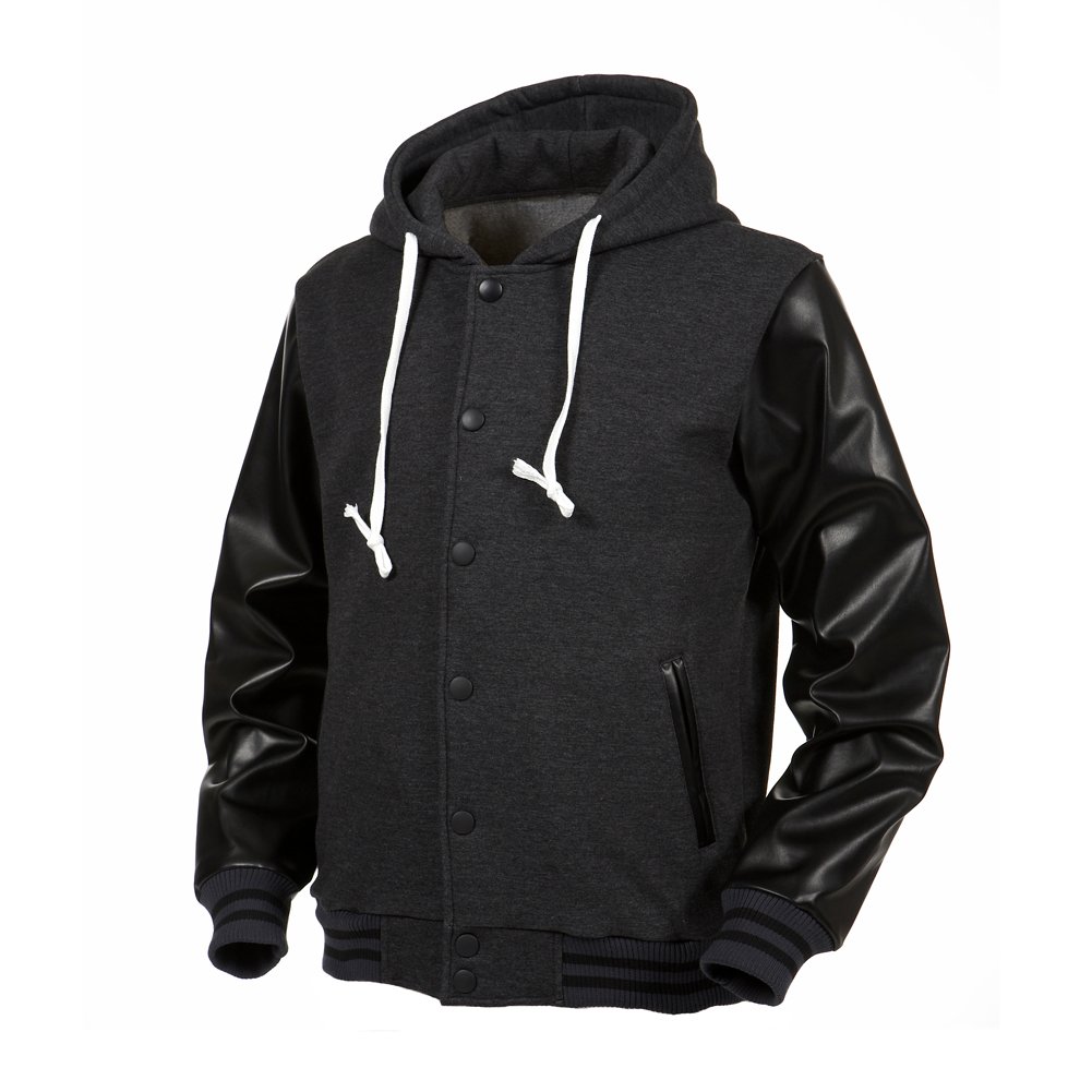 ANGEL COLA Grey & Black Hoodie Varsity Cotton & Leather Letterman Jacket