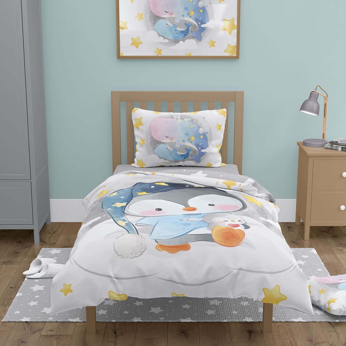 Kinderbettwäsche 100x135 cm | Baby Bettwäsche aus 100% Baumwolle – weich, atmungsaktiv und hautfreundlich | Bettwäsche Kinder für ruhigen Schlaf | Babybettwäsche mit Wendemotiv | Pinguin 006