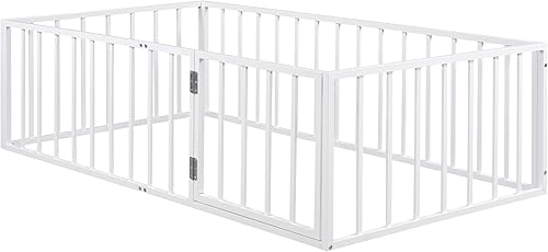 Miniatura 7 de Harper & Bright Designs Base de cama de metal individual con rieles, cama Montessori individual con valla y puerta, para niños y niñas (tamaño