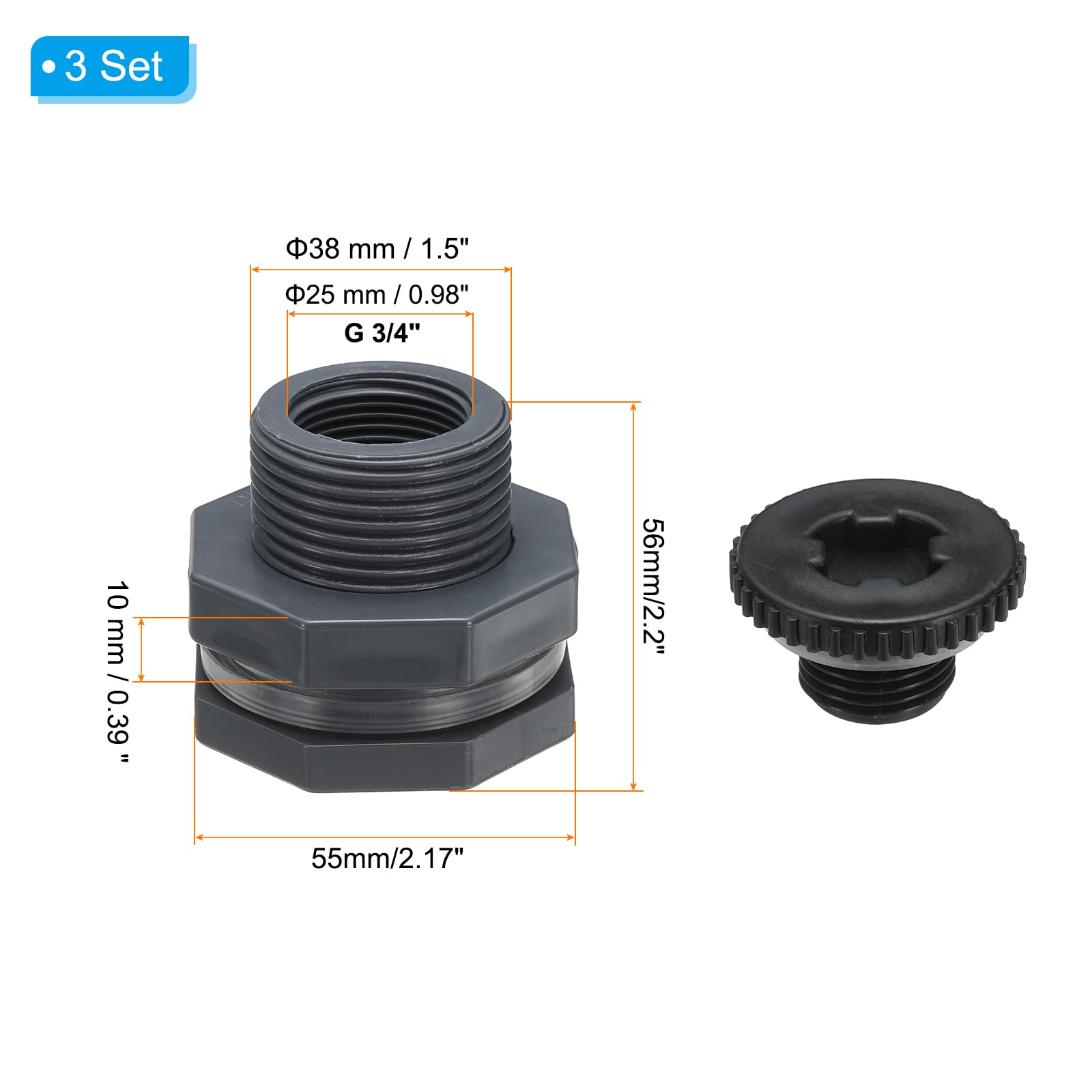 PATIKIL PVC Bulkhead Fitting with Plug G 3/4 - Image 2