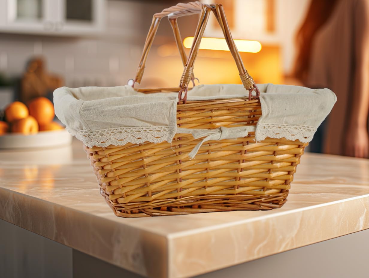 Kobolo Klappbügelkorb Weidenkorb mit Klapphenkeln eckig Textilfutter mit Häkelborte - braun - 40x30x19/34H cm