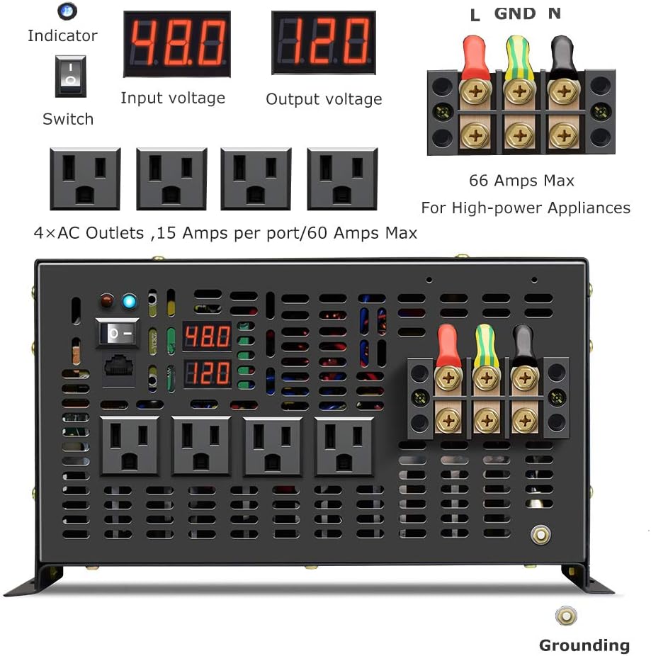 Exсluѕіvе Dіѕсоunt 50% Prісе Reliable 8000W Continuous Power Heavy Duty Pure Sine Wave Power Inverter DC 48V to AC 120V with 4 AC Outlets Remote Control 66A Hardwire Terminal and LED Display for RV Car Solar System Emergency