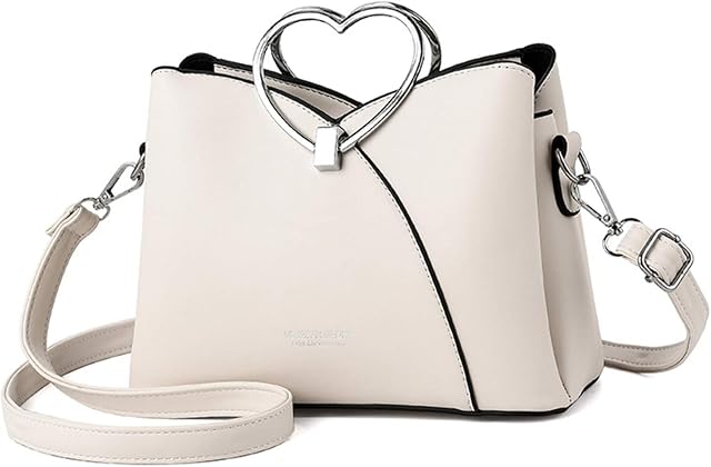 NICOLE & DORIS Fashion Handbag for Women Top Handle Bag PU Leather Messenger Bag Waterproof Shoulder Bag Ladies Crossbody Bag with Heart Shaped Handle Cream
