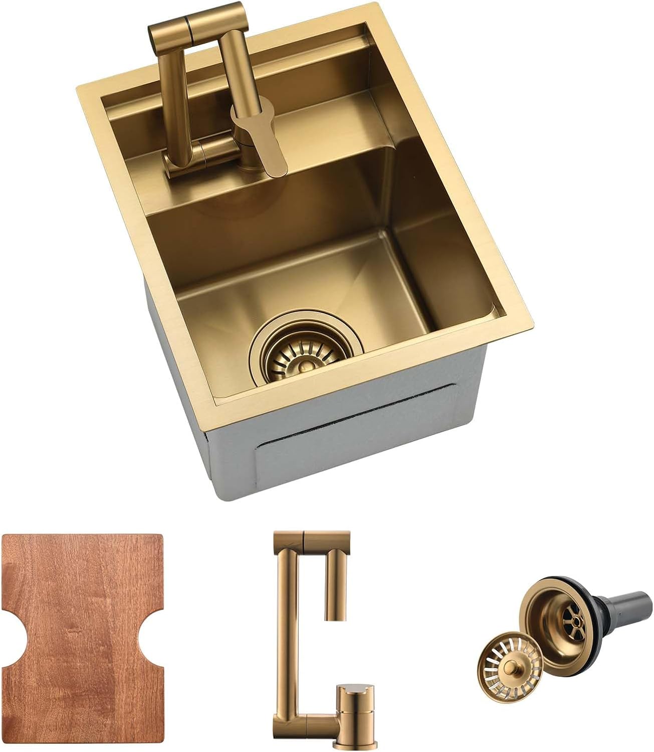 Gold Undermount Bar Sink,12×15 Small Kitchen Sink with Faucet 16 Gauge Stainless Steel Wet Bar Sinks Outdoor Single Bowl Deep Sinks