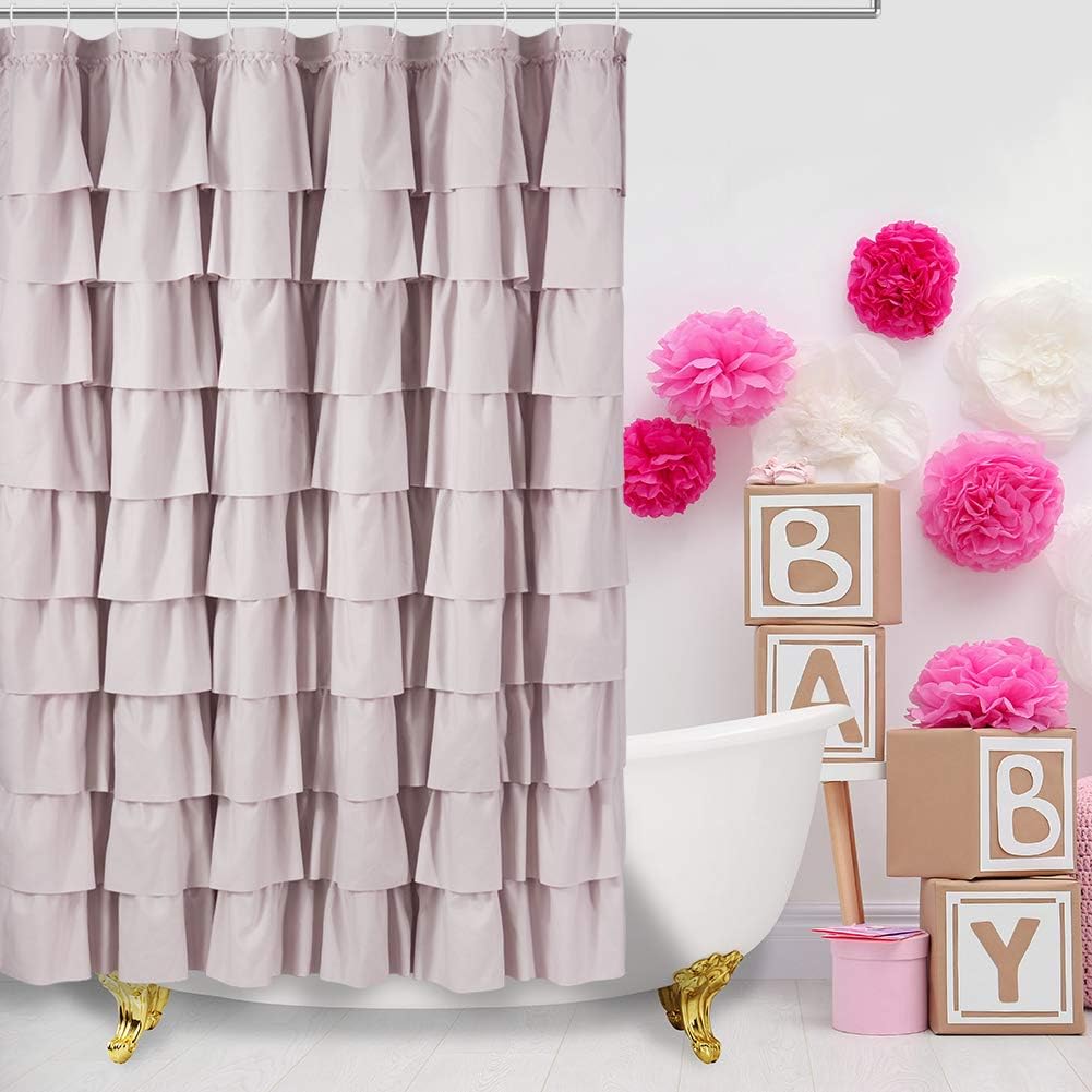 Blush Pink Ruffle Shower Curtain - Farmhouse Fabric Bathroom, Rustic Style 72 Inches Square