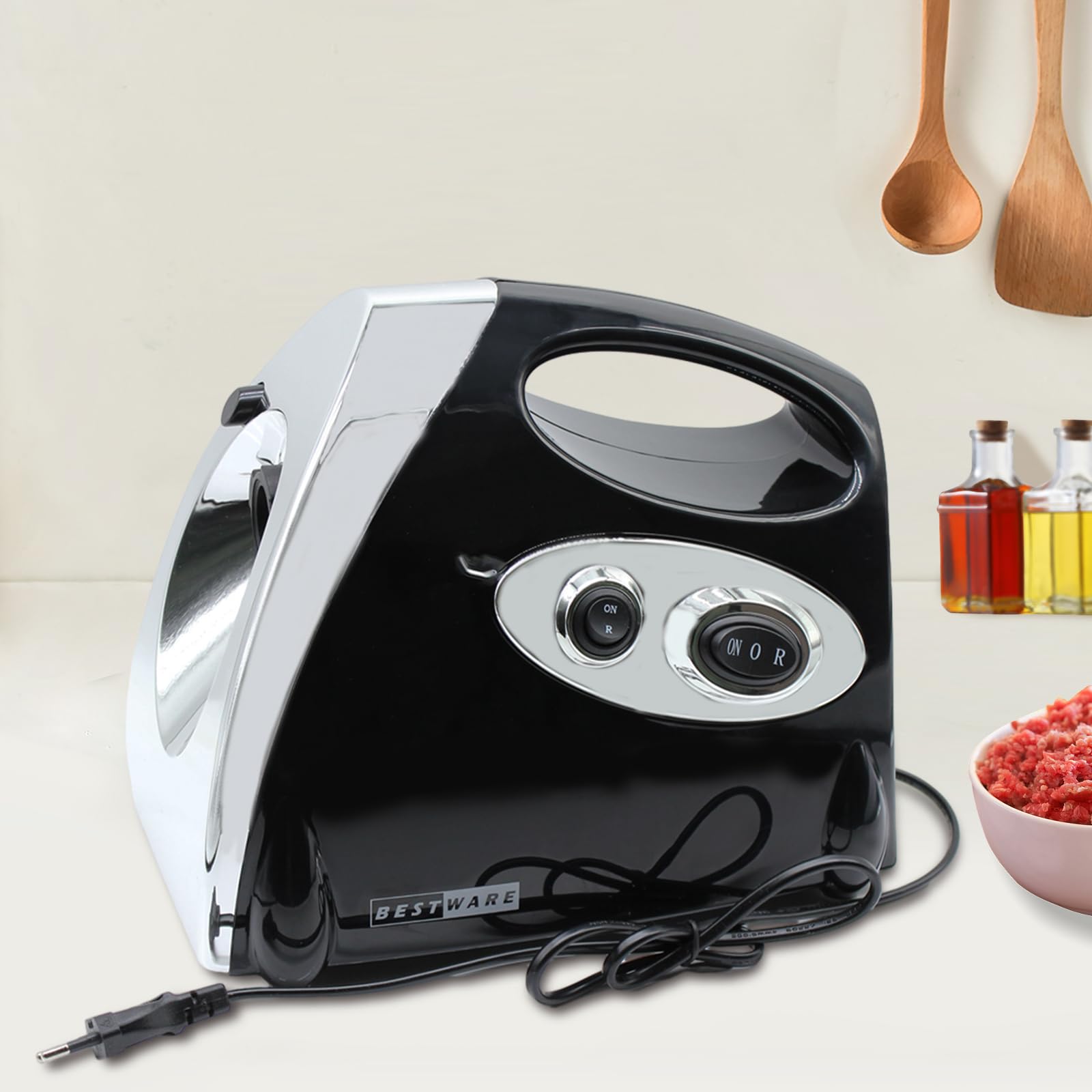 Maszynka do mięsa 800 W, stal nierdzewna, z 3 metalowymi tarczami i wypełniaczem kiełbasy 1,5-2 kg/min, zabezpieczenie przed przegrzaniem i bieg wsteczny (220 V, czarna)