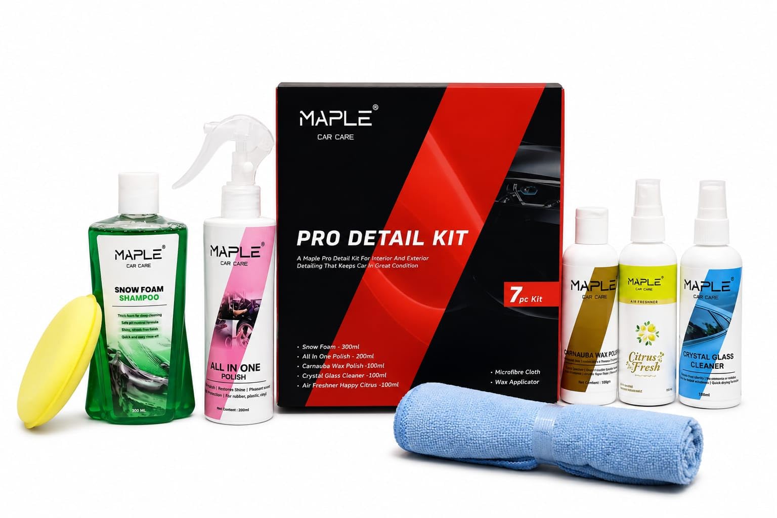MAPLE Pro Detail Kit | 7 Piece Professional Car Cleaning & Detailing Kit for Interior & Exterior Polishing, Protection & Shine |Complete Car Wash, Polish, Shine & Protection Kit for Cars, SUVs & Bikes-image-26