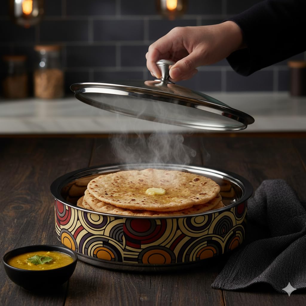 The Better Home Stainless Steel Insulated Casserole For Roti (1.5L) | Hot Boxes For Kitchen | Serving Bowl Set | Kitchen Gift Items | Roti/Chapati Storage Box | House Warming Gifts (Design 3)-image-21