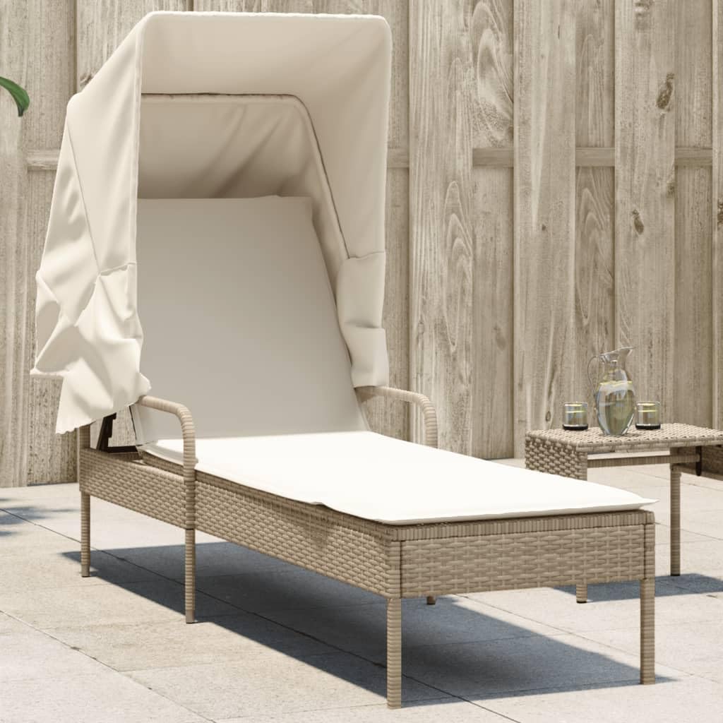 Sonnenliege mit Dach beige Poly Rattan, Gartenliege verstellbar mit Kissen, wetterfest UV-beständig, 200 cm Liegefläche für Garten, Balkon, Terrasse, Pool und Camping