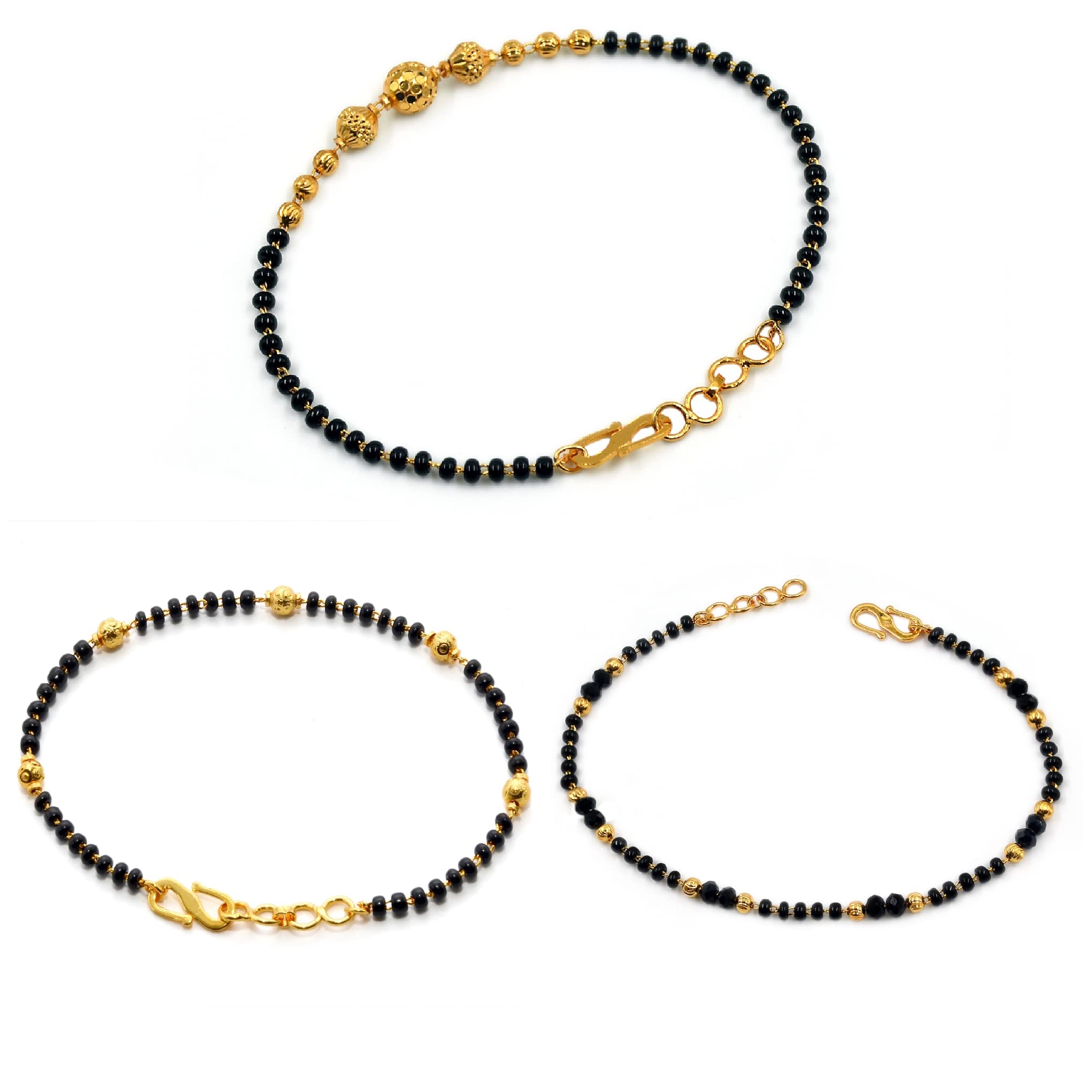 JHB Golden Gold-Plated Brass Bracelet 3 pis Combo for Women (Black Bead Hand Mangalsutra Bracelet) (B09SG9T35W) Amazon Price History, Amazon Price Tracker