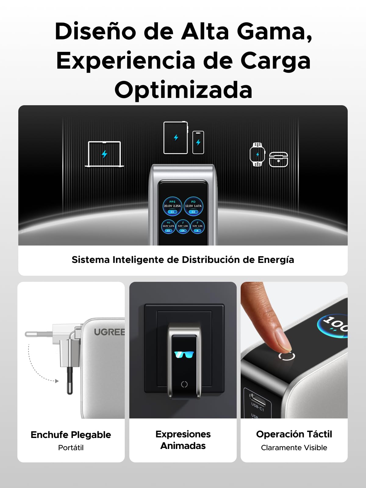 UGREEN Nexode Pro Cargador USB C 100W Carga Rápida Pantalla TFT | 5 Puertos Compatible con iPhone 17 Pro MAX Air 16 15 14 13 Galaxy PPS 45W S26 25 24 Pixel 10 iPad MacBook M5