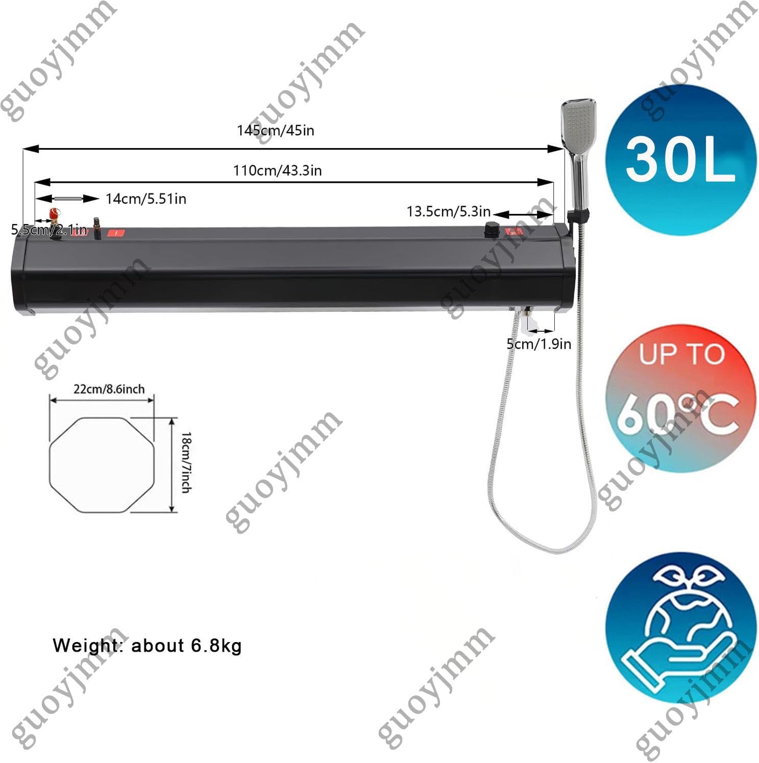 Portable Camping Solar Shower, 18L/30L Pressurized Roof Rack Water Tank, with Shower & Hose, for Hiking, Car wash, Pet Cleaning, Beach Vacations 30L