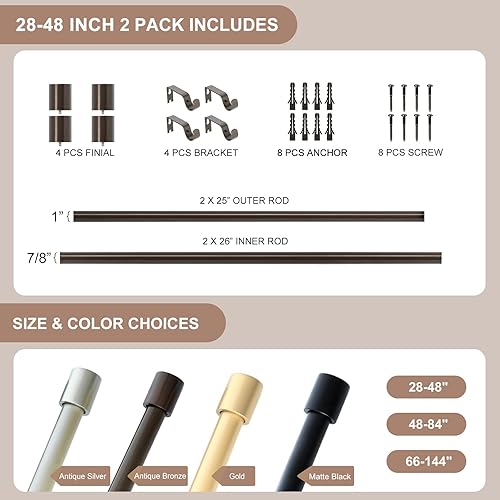 Miniatura 7 de Paquete de 2 barras de cortina de bronce para ventanas de 28 a 48 pulgadas, barras de cortina resistentes de 1 pulgada de diámetro, barra de cortina