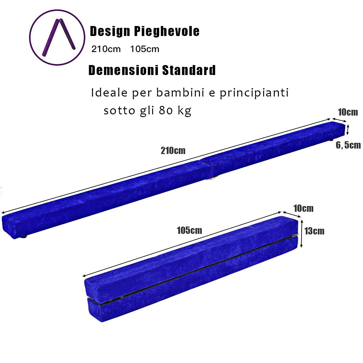 RELAX4LIFE Trave da Ginnastica Pieghevole 210 cm, Trave di Equilibrio per Palestra e Casa con Base Antiscivolo, Cerniere e Schiuma, Allenamento Fitness per Bambini e Adulti (Blu)