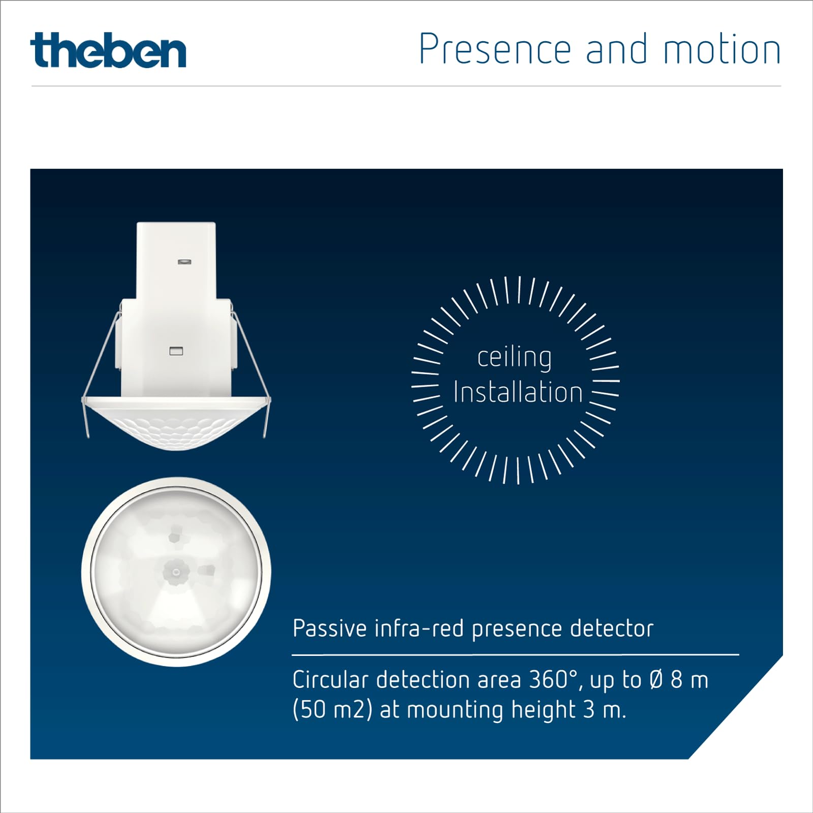Theben 1030560 theMova S360-100 DE rilevatore di movimento PIR 360° 8 m | incasso a soffitto, 1 canale, 250 W LED, IP 54, 10 s - 60 min, misurazione luce mista, Teach-in, preimpostato, bianco