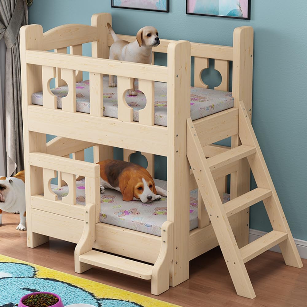Dog Bunk Bed for Small/Medium/Large Pet, Double Layer Wood Frame Pet Bed with Steps, Pet Bunk Bed with Stairs, Bunk Beds for Dogs, Bed Frame (Tail Ladder, 21" Lx15 Wx32 H/53x38x80cm)