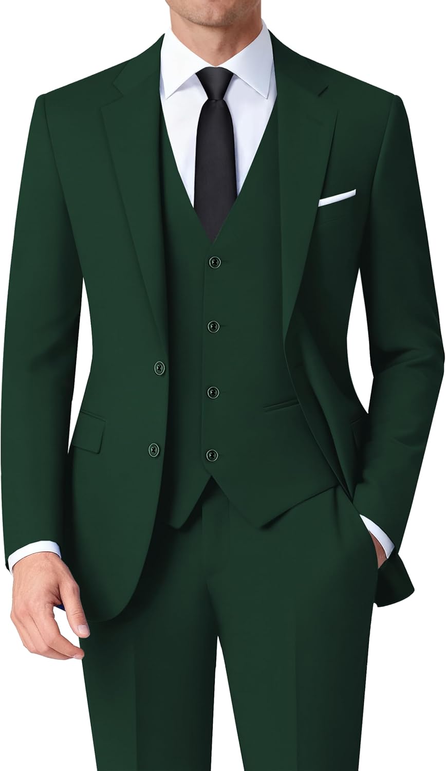 Mens Stretch Suit Slim Fit 3-Piece, 2 Buttons Jacket Vest Adjustable Waist Pants