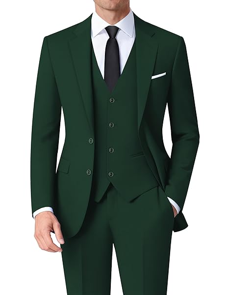 Mens Stretch Suit Slim Fit 3-Piece, 2 Buttons Jacket Vest Adjustable Waist Pants