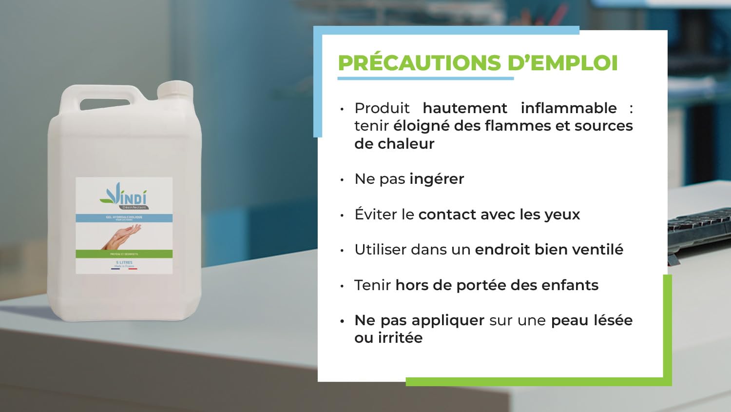 Vindi Désinfectant gel hydroalcoolique - Bidon de 5L - Fabrication Française -76% d'alcool - Virucide