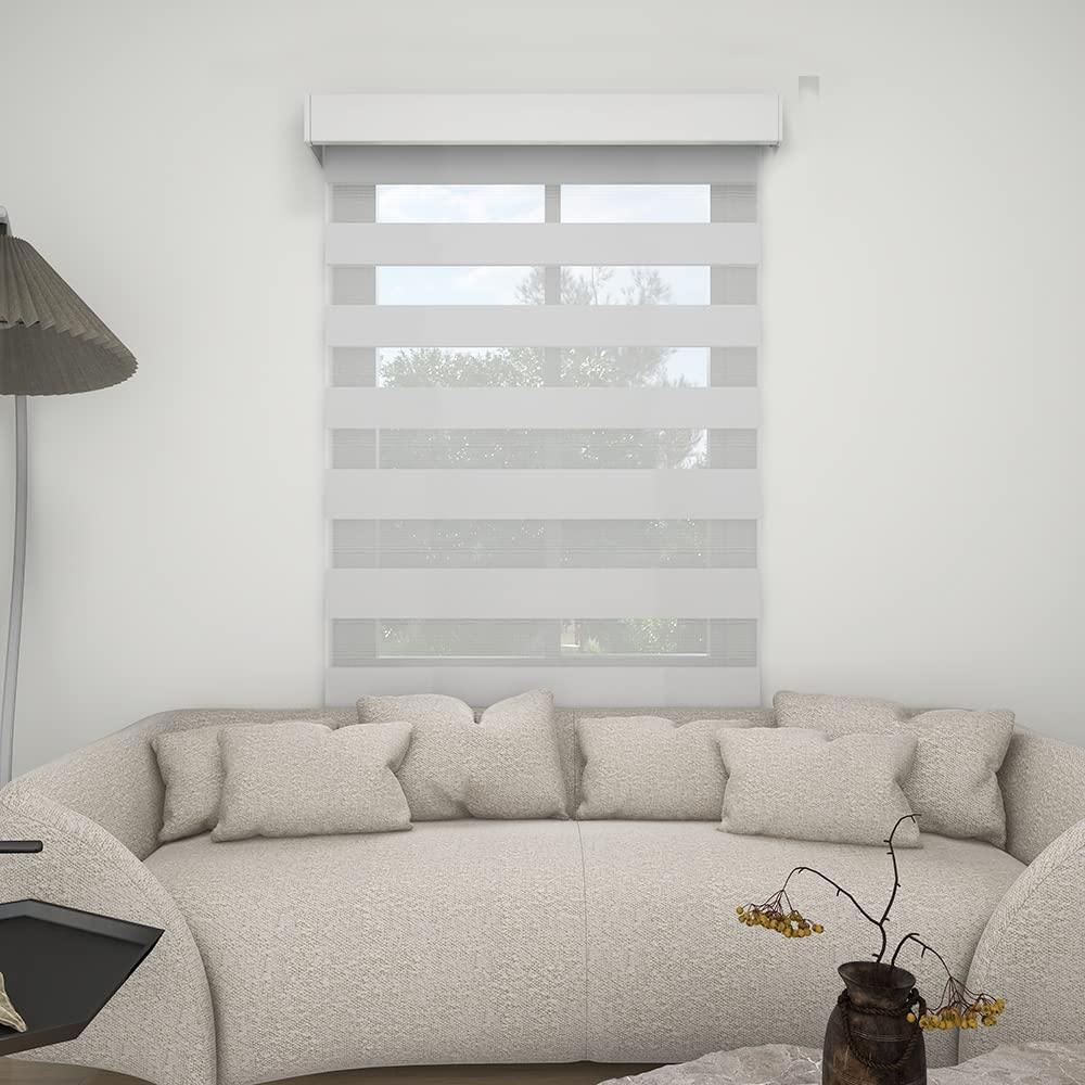 Blindify Motorized Blinds with Remote Control Rechargeable Battery Motor Compatible with Alexa Light Filtering Privacy Light Control Smart Zebra Blinds Solar Power, Child Safety (90% Shading-White)