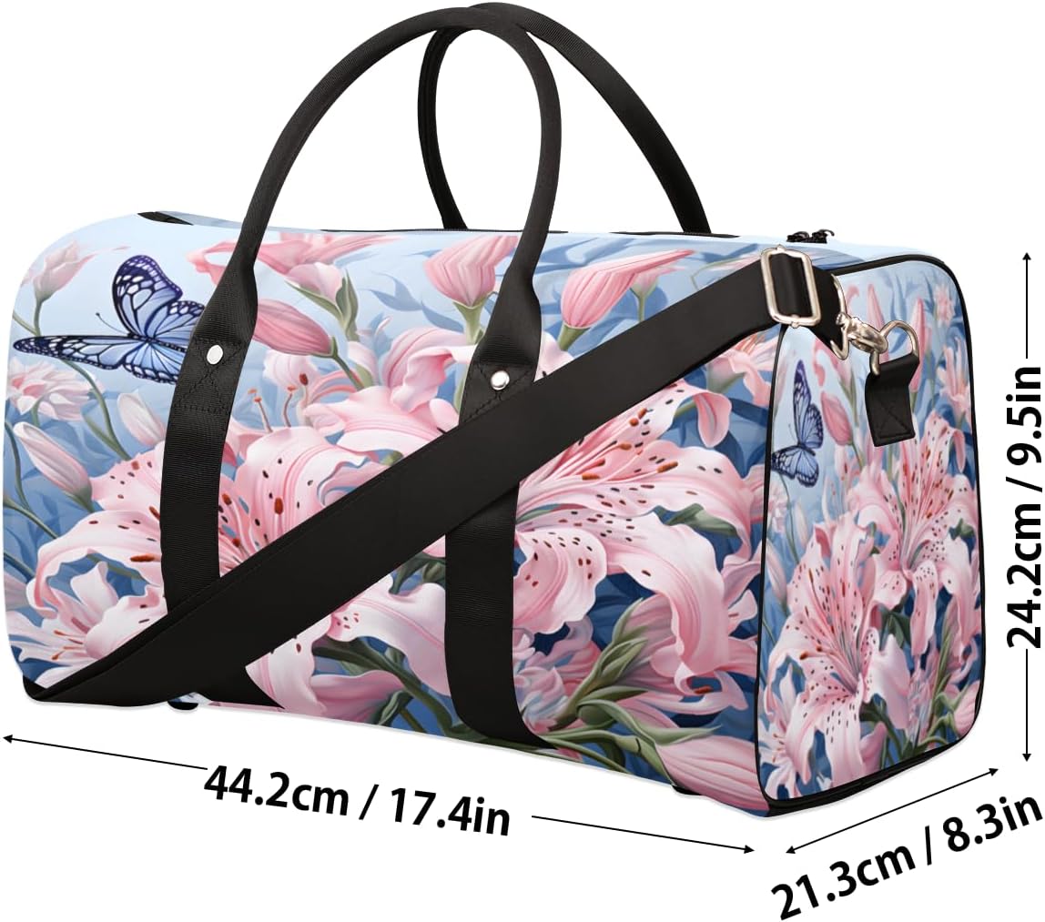 Lily Flower Butterfly Travel Duffel Bag for Women Men Large Capacity Overnight Weekender Bags for Lightweight Waterproof Sport Gym Bag for Workout Yoga Swim