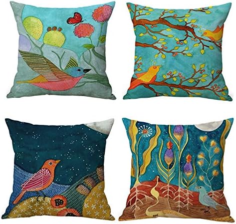 JES&MEDIS Spring Cartoon Bird Pattern Linen Cotton Throw Pillow Case Home Decorative Pillowcase Cushion Cover for Sofa Bed,18" x 18",4 PCS Set