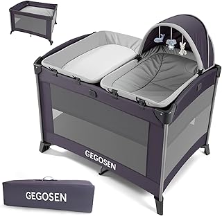 Portable Baby Playard 4 in 1 Design, Foldable Baby Playpen with Removable Bassinet, Canopy and Changing Table, Infant Play...