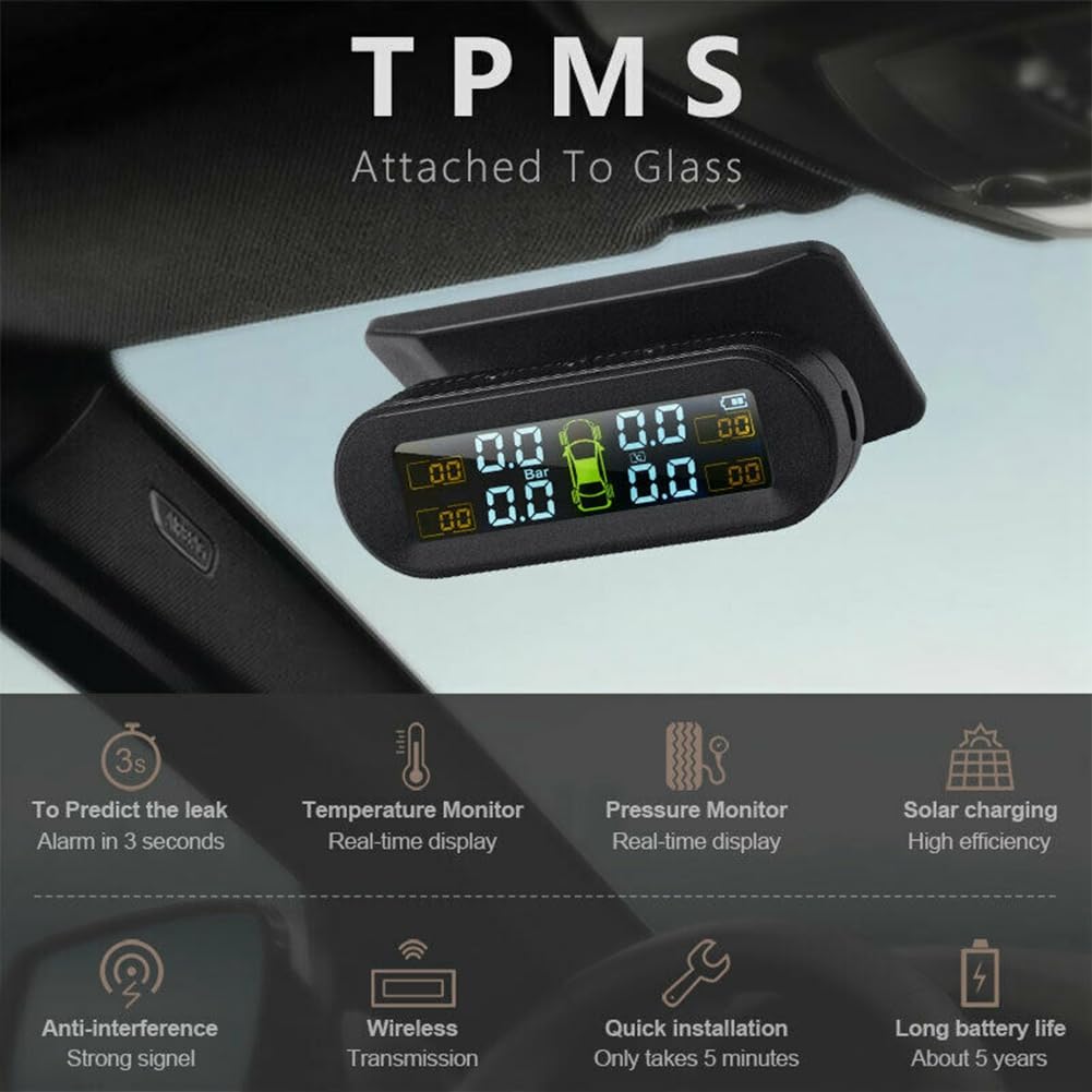2 x solarny bezprzewodowy system kontroli ciśnienia w oponach samochodowych TPMS, wyświetlacz HD LCD, 4 zewnętrzne czujniki, ciśnienie w oponach, ostrzeżenie o temperaturze