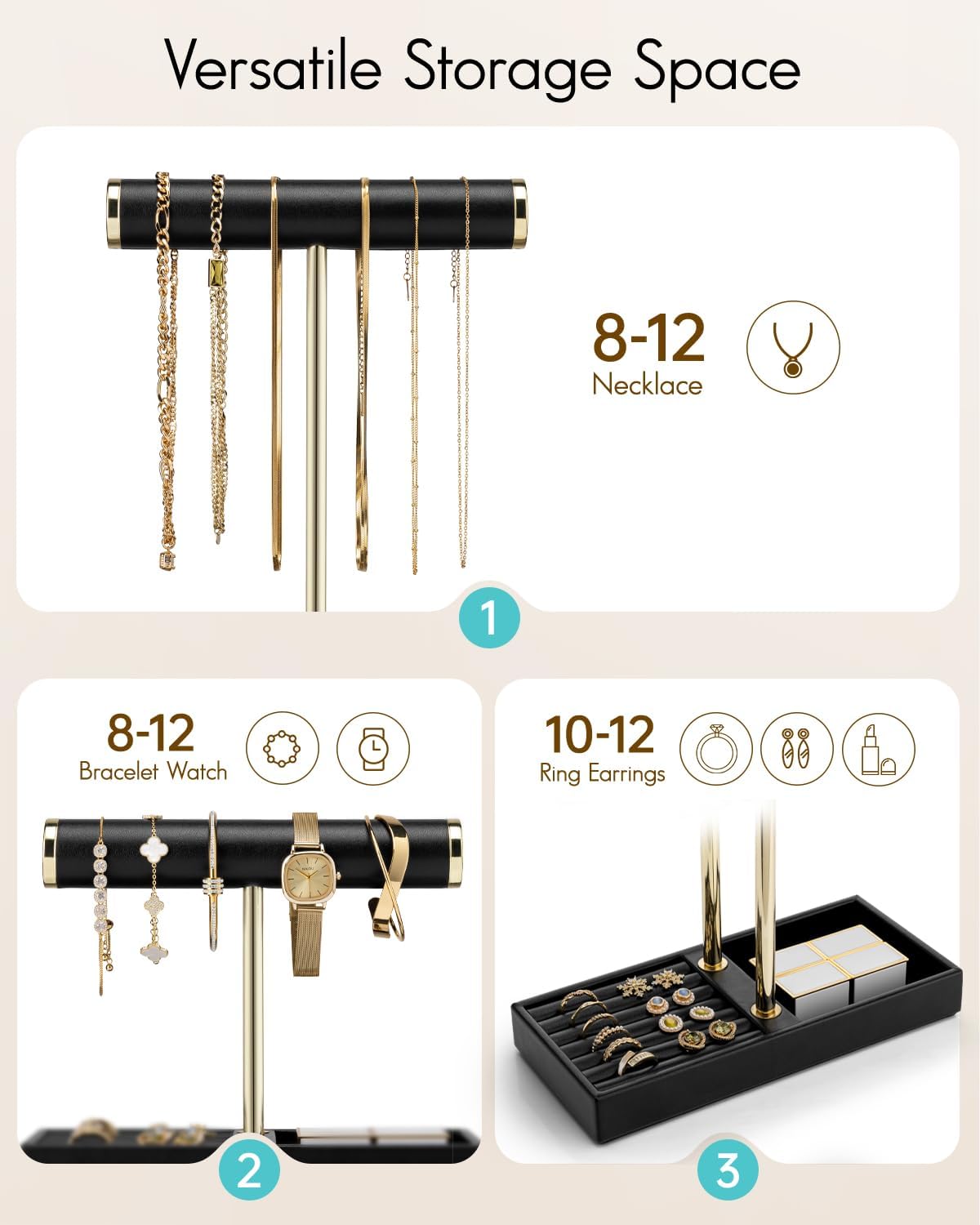 VLANDO 2 Tier Bracelet Holder Organizer with Tray - Leather Jewelry Stand Organizer for Women - Jewelry Holder Display for Necklace, Watches, Rings, Earrings, Bangle, Scrunchie - Black - Image 3