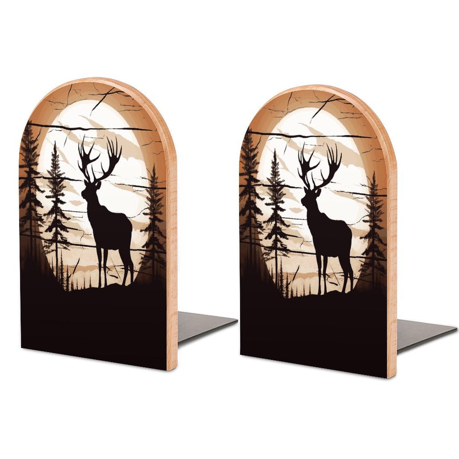 Wild Elk Silhouette Bookend for Shelves Fashion Modern Wood Book End with Non-Slip Metal Base Universal Economy Bookend Book Organizer for Home Office Desk Accessories 1 Pair