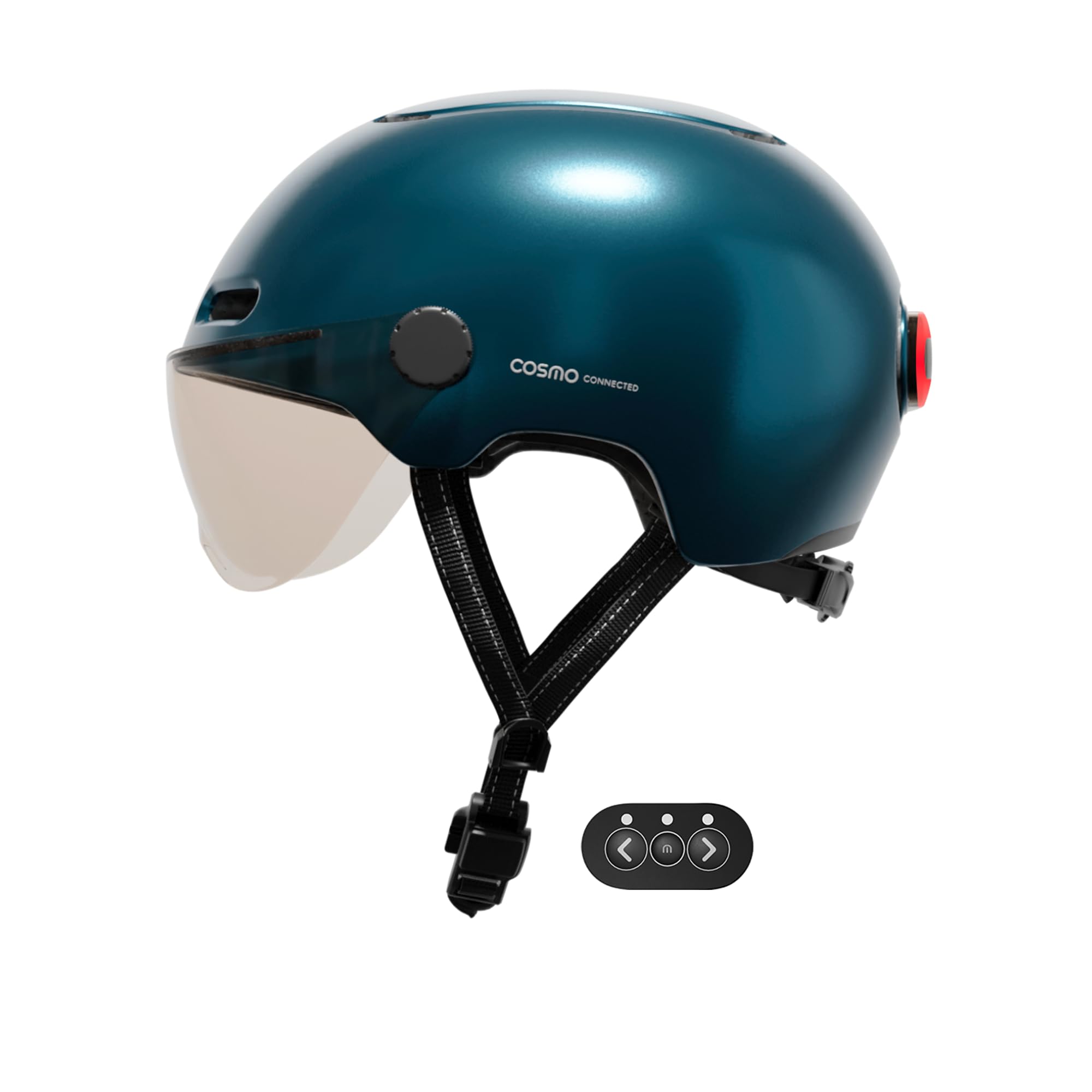 Cosmo Connected - Cosmo Fusion - Casque Intelligent Vélo et Trottinette avec Visière, Taille Adulte - Clignotants, Feu de Freinage Automatique, Partage de Trajet, Détection de Chute - Bleu Métallisé